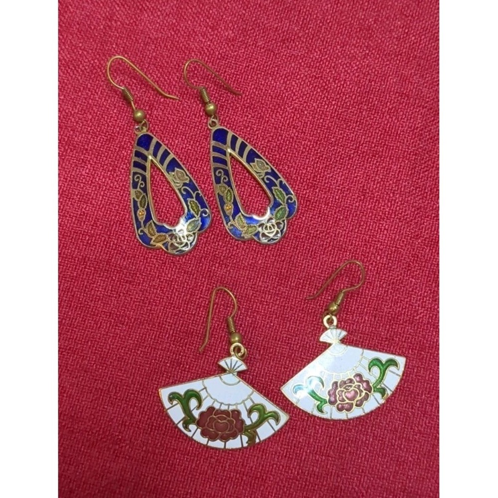 Vintage Cloisonne Dangle Earrings‎ 2 Pair